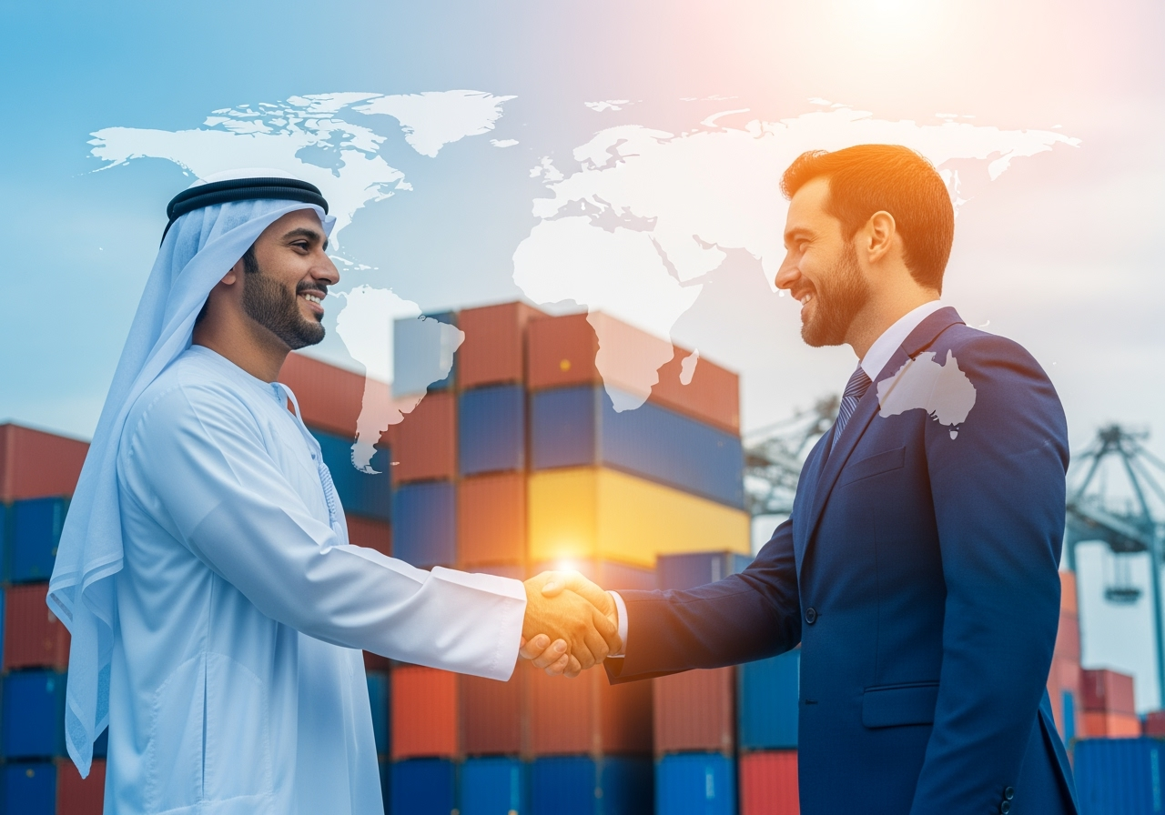 Brazil to Arab Trade Partnership – Business Handshake in Global Export Industry Arab businessman in traditional attire shaking hands with a Brazilian businessman in a suit, with cargo containers and a world map in the background, symbolizing global food export trade and Brazil–Arab business partnerships